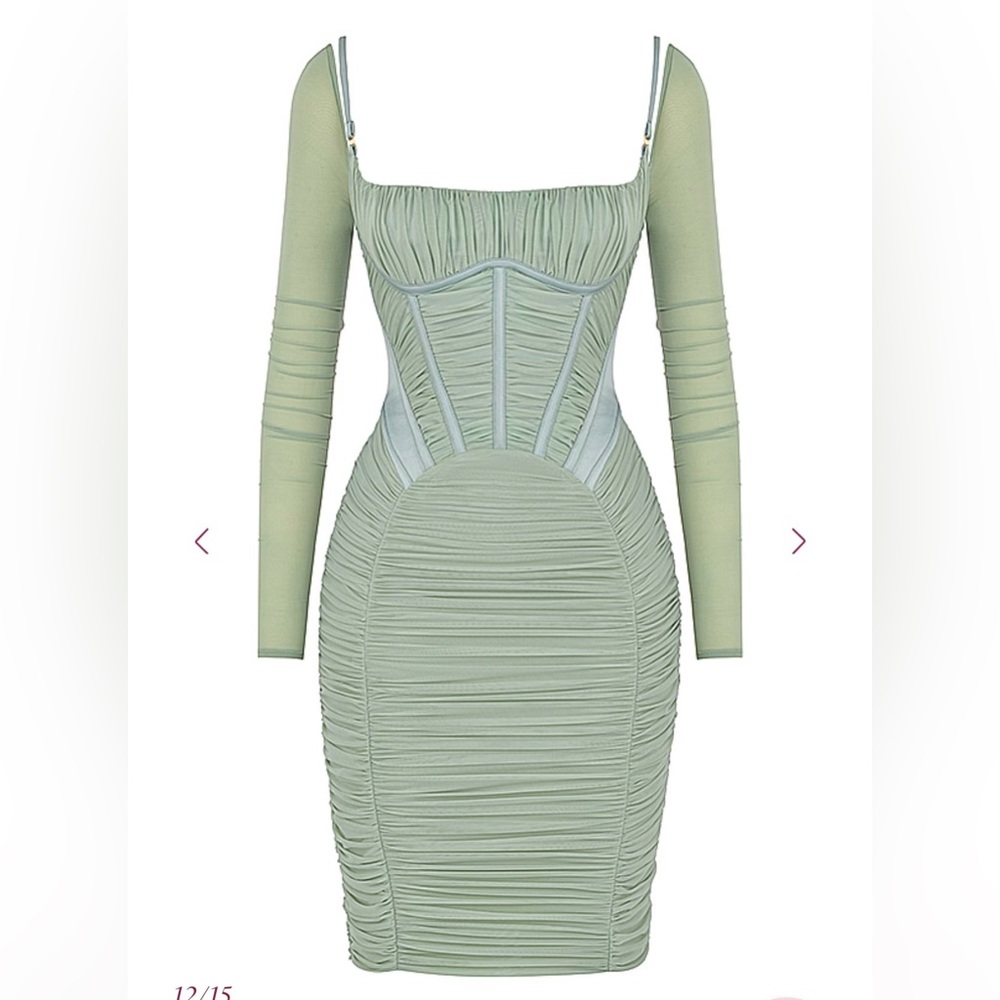 House of CB Freyja Satin Ruched Long Sleeve Body-Con Dress - Sage Green XS NWT